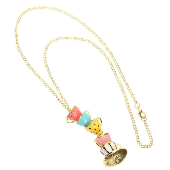 Colorful Tea Time Cups Alice in Wonderland Necklace - Picture 7 of 10